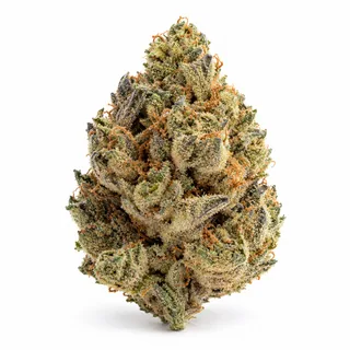 AI-generated reimagining of Black Widow dried, trimmed cannabis bud on a white background.