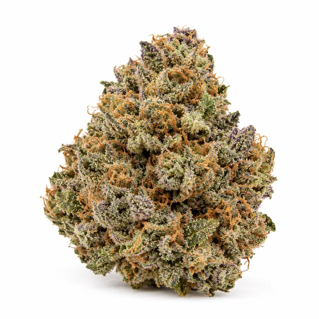 AI-generated reimagining of Blueberry Cruffin dried, trimmed cannabis bud on a white background.