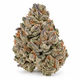AI-generated reimagining of Death Star dried, trimmed cannabis bud on a white background.