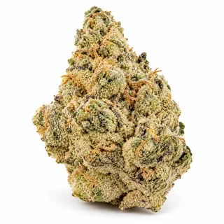 AI-generated reimagining of Dogwalker OG dried, trimmed cannabis bud on a white background.