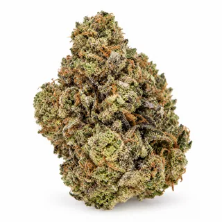 AI-generated reimagining of Gorilla Chem OG dried, trimmed cannabis bud on a white background.