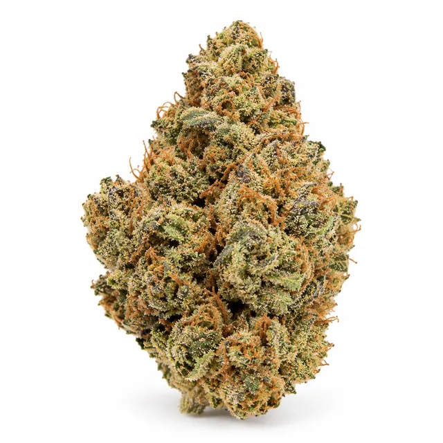 AI-generated reimagining of Jelly Donutz dried, trimmed cannabis bud on a white background.