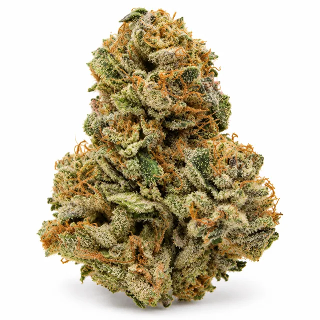 AI-generated reimagining of Lollipopz dried, trimmed cannabis bud on a white background.