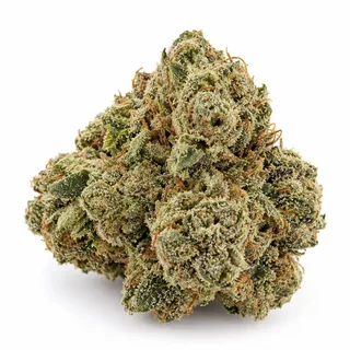 AI-generated reimagining of OG Kush dried, trimmed cannabis bud on a white background.