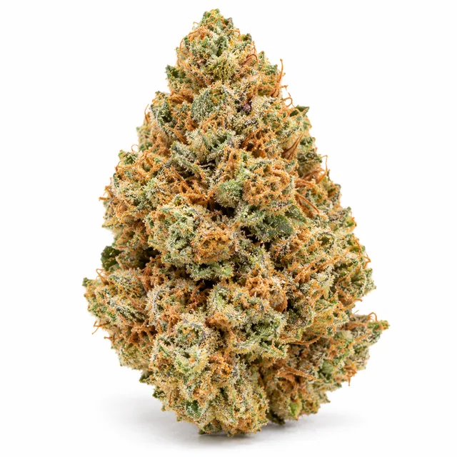 AI-generated reimagining of Orange Push Pop dried, trimmed cannabis bud on a white background.