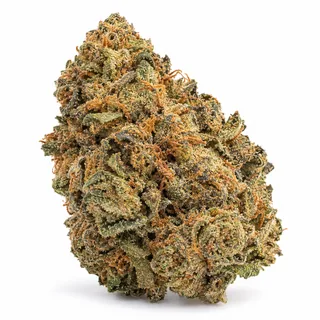 AI-generated reimagining of Platinum Purple Kush dried, trimmed cannabis bud on a white background.
