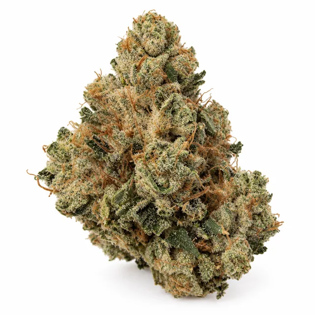 AI-generated reimagining of Skywalker OG dried, trimmed cannabis bud on a white background.