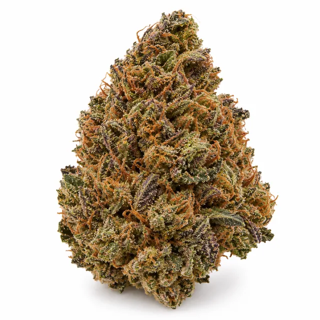 AI-generated reimagining of Strawberry Cheesecake dried, trimmed cannabis bud on a white background.