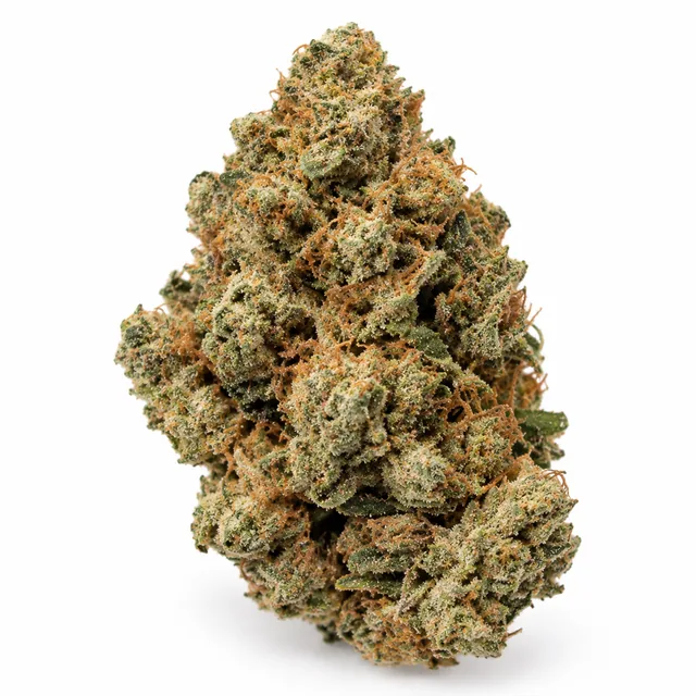 AI-generated reimagining of Venom OG dried, trimmed cannabis bud on a white background.